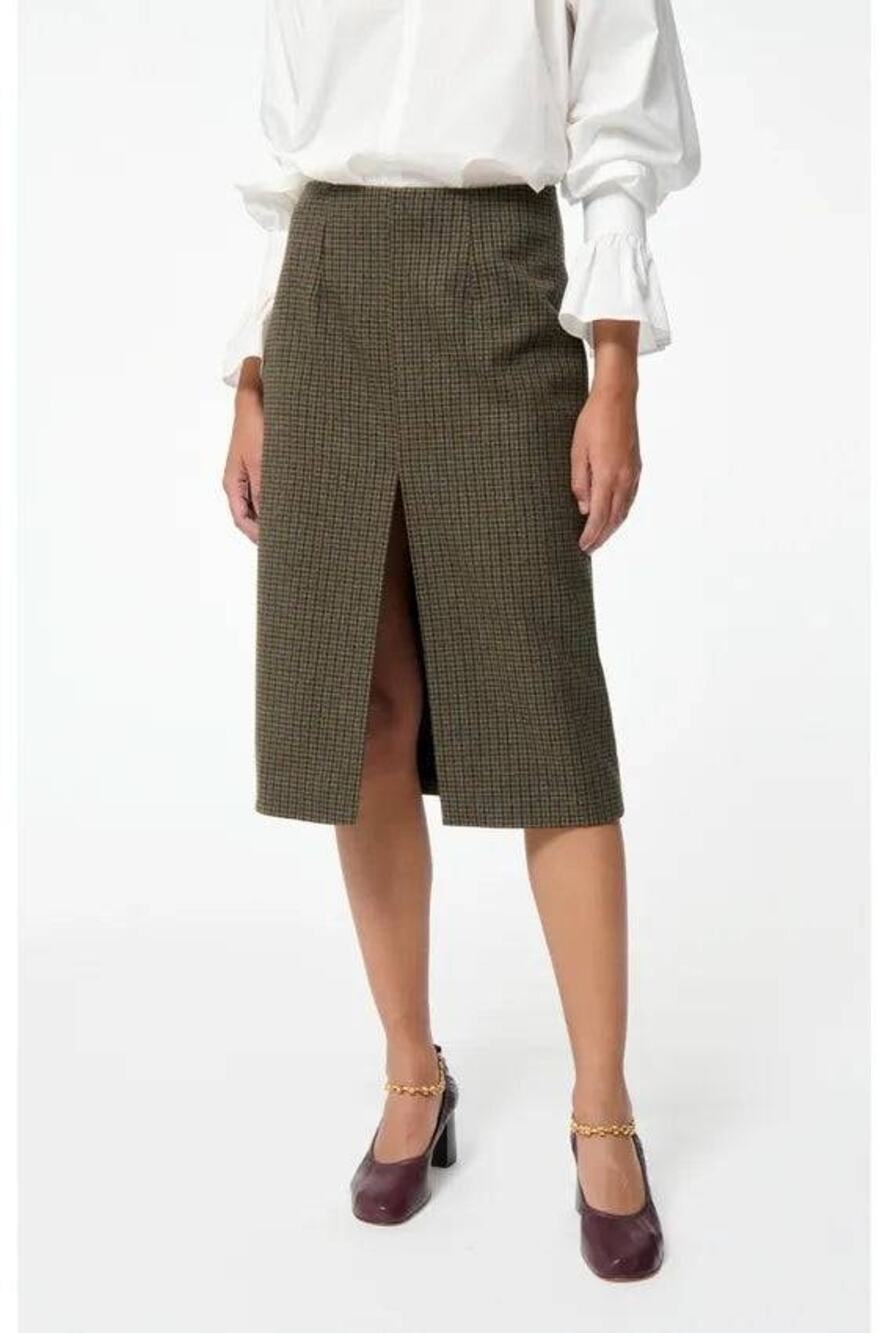 Vanessa Bruno Felindra Midi Skirt in Khaki Plaid FR 38 US 4